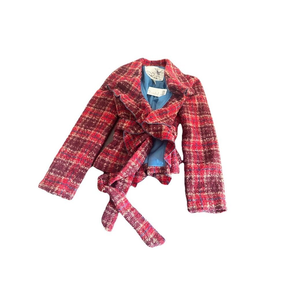 Anthropologie Tabitha Moretown Red Plaid Ruffle Tweed Belted Wool Jacket Sz 4 Nw - Picture 2 of 5